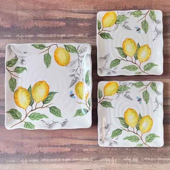 Maxcera Sketch Lemon Shabby Chic Dinner Desert Appetizer Square Plates Set of 4 - Picture 6 of 15